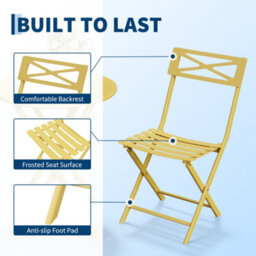 3 Pieces Garden Foldable Bistro Set, Small Garden Set W/ Square Table, Yellow - thumbnail 3
