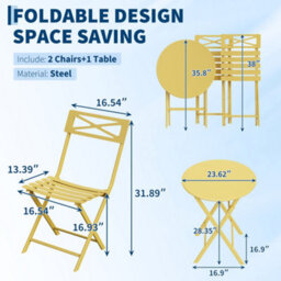 3 Pieces Garden Foldable Bistro Set, Small Garden Set W/ Square Table, Yellow - thumbnail 2