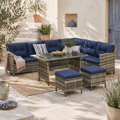 Wyld Haus Rarapa Dark Blue 7-Seater Rattan Garden Sofa Set With Glass Table And Cushions - image 1