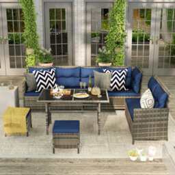 Wyld Haus Rarapa Dark Blue 7-Seater Rattan Garden Sofa Set With Glass Table And Cushions - thumbnail 3