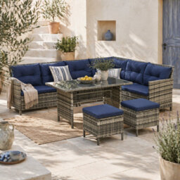 Wyld Haus Rarapa Dark Blue 7-Seater Rattan Garden Sofa Set With Glass Table And Cushions