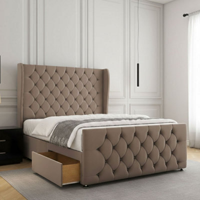 REGIONAL FURNISHINGS Divan Bed Set Mink Plush Velvet With 54 Inch Headboard & Footboard 2Drawersfootend & Mattress In 4Ft 4Ft6 5Ft 6Ft Sizes - image 1