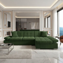 Malwi Right Hand Corner Sofa Bed With Storage Modern Green Corduroy Design With Pullout  Guest Bed