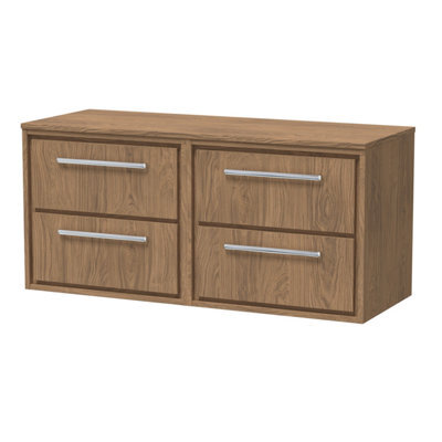 Hudson Reed Lille Wall Hung Four Drawer Contemporary Vanity Unit With Worktop In Antique Oak, 1205 X 460mm - image 1