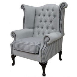 Chesterfield High Back Wing Chair Quattro Sky Fabric Bespoke In Queen Anne Style - thumbnail 3