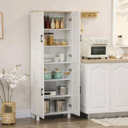 170Cm Freestanding Cupboard 4-Door Storage Cabinet, White Embossed Wood Grain - thumbnail 1