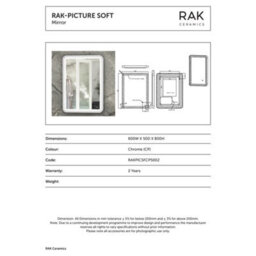 RAK Ceramics Rak Picture Soft Led Bathroom Mirror With Touch Sensor & Demister, Chrome 600X800mm Ip44 - thumbnail 2