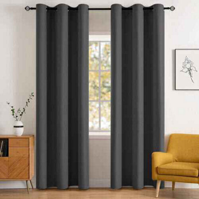 Dark Grey Luxury Insulated Blackout Curtains  66 To 84 Eyelet Ring Top, 2Pc Set - image 1