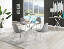 Furniturebox Uk Novara Grey Concrete Effect Round Dining Table & 4 Grey Corona Silver Chairs