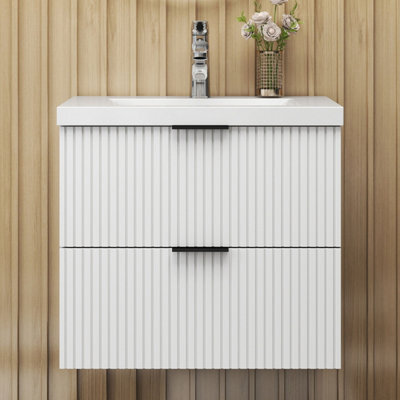 Sline 600mm Wall Mounted White Bathroom Vanity Unit With Ceramic Basin,2 Soft Close Drawers For Storage,flat Packed - image 1