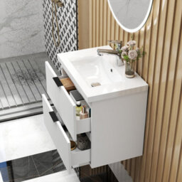 Sline 600mm Wall Mounted White Bathroom Vanity Unit With Ceramic Basin,2 Soft Close Drawers For Storage,flat Packed - thumbnail 5