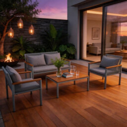 Fenchilin Garden Lounge Set Double Sofa 2 Airchairs With Table Rattan And Metal Frame Grey