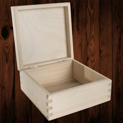 Woodeedoo Small Square Wooden Box With Hinged Lid Trinkets Jewellery Crafts Keepsakes Gifts Plain Decor Pine Diy 12 X 12 X 6 Cm - image 1