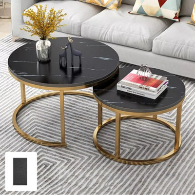 2-Tier Round Black Marble Top With Gold Legs- Nesting Coffee Table Set - image 1