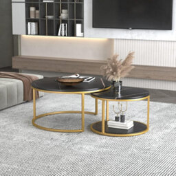 2-Tier Round Black Marble Top With Gold Legs- Nesting Coffee Table Set - thumbnail 4