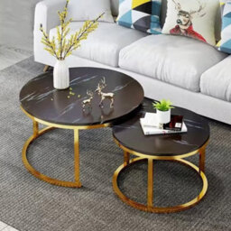 2-Tier Round Black Marble Top With Gold Legs- Nesting Coffee Table Set - thumbnail 5
