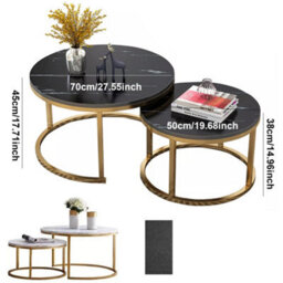 2-Tier Round Black Marble Top With Gold Legs- Nesting Coffee Table Set - thumbnail 2