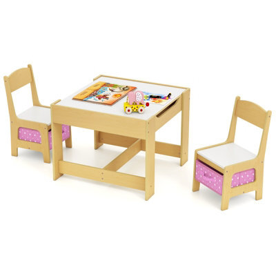 Costway 3-In-1 Activity Table Multipurpose Children Table And Chair Set-Natural - image 1