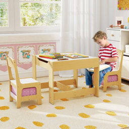 Costway 3-In-1 Activity Table Multipurpose Children Table And Chair Set-Natural - thumbnail 4