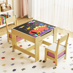 Costway 3-In-1 Activity Table Multipurpose Children Table And Chair Set-Natural - thumbnail 3