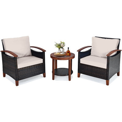 Costway 3Pcs Rattan Chair Set Patio Conversation Sofa Set W/ Wooden Coffee Table - image 1