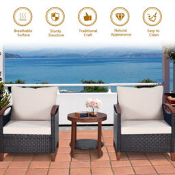 Costway 3Pcs Rattan Chair Set Patio Conversation Sofa Set W/ Wooden Coffee Table - thumbnail 6