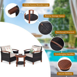 Costway 3Pcs Rattan Chair Set Patio Conversation Sofa Set W/ Wooden Coffee Table - thumbnail 8