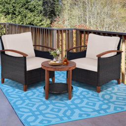 Costway 3Pcs Rattan Chair Set Patio Conversation Sofa Set W/ Wooden Coffee Table - thumbnail 3