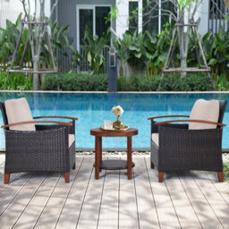 Costway 3Pcs Rattan Chair Set Patio Conversation Sofa Set W/ Wooden Coffee Table - thumbnail 4