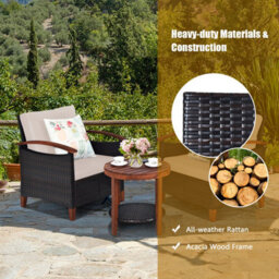 Costway 3Pcs Rattan Chair Set Patio Conversation Sofa Set W/ Wooden Coffee Table - thumbnail 5