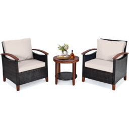 Costway 3Pcs Rattan Chair Set Patio Conversation Sofa Set W/ Wooden Coffee Table - thumbnail 1