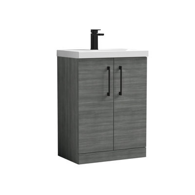 Balterley Bramshall Contemporary Bathroom Floor Standing 2-Door Vanity Unit & Mid-Edge Basin, Anthracite Woodgrain, 600mm - image 1
