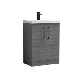 Balterley Bramshall Contemporary Bathroom Floor Standing 2-Door Vanity Unit & Mid-Edge Basin, Anthracite Woodgrain, 600mm - thumbnail 1