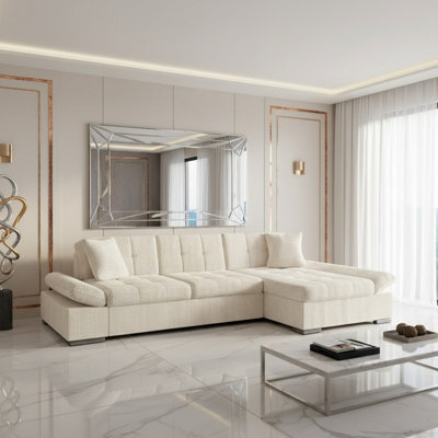 Malwi Right Hand Corner Sofa Bed With Storage Modern Cream Corduroy Design With Pullout  Guest Bed - image 1
