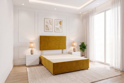 Knight Sleep York Mustard Plush 6Ft Divan Bed Frame No Drawers With Upholstered Headboard - Super King - image 1