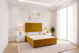 Knight Sleep York Mustard Plush 6Ft Divan Bed Frame No Drawers With Upholstered Headboard - Super King - thumbnail 1