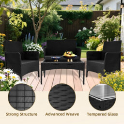Alivio 4 Piece Rattan Furniture Set With Coffee Table For Indoor Outdoor Patio (Black) - thumbnail 3