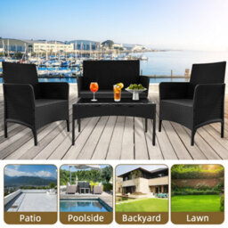 Alivio 4 Piece Rattan Furniture Set With Coffee Table For Indoor Outdoor Patio (Black) - thumbnail 2
