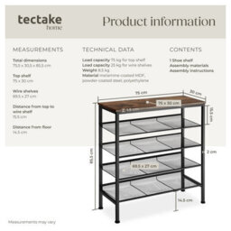 Tectake Shoe Rack Bournemouth - Surface Shelf And 4 Grid Shelves, Industrial Style -  - Industrial Wood Dark, Rustic - thumbnail 6