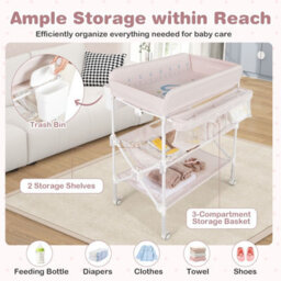 Costway Baby Changing Table Folding Diaper Changing Station With Wheels For Newborn And Infant-Pink - thumbnail 2