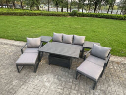 Fimous 8-Piece Aluminium Garden Furniture Sets 7 Seater With Adjustable Rising Lifting Dining Table 2 Chairs 2 Stool 2 Side Tables - thumbnail 2