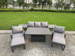 Fimous 8-Piece Aluminium Garden Furniture Sets 7 Seater With Adjustable Rising Lifting Dining Table 2 Chairs 2 Stool 2 Side Tables - thumbnail 1