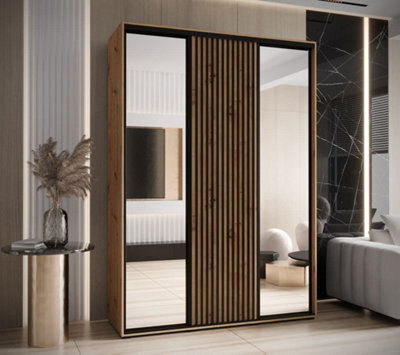 Arte Sapporo Ii Oak Artisan Mirrored Sliding Door Wardrobe With Shelves And Hanging Rails (H)2050mm (W)1800mm (D)600mm - image 1