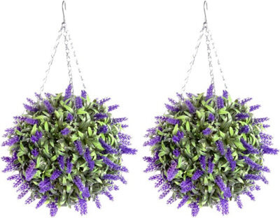 Pair Of Best Artificial 28Cm Purple Lush Lavender Hanging Basket Flower Topiary Ball - Weather & Fade Resistant - image 1