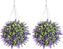 Pair Of Best Artificial 28Cm Purple Lush Lavender Hanging Basket Flower Topiary Ball - Weather & Fade Resistant