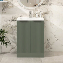 Royal Bathrooms Evora 600mm Sage Green Fluted Floor Standing Bathroom Vanity Unit 2 Door Cabinet Storage With Stone Basin Sink - 1 Tap Hole