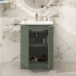 Royal Bathrooms Evora 600mm Sage Green Fluted Floor Standing Bathroom Vanity Unit 2 Door Cabinet Storage With Stone Basin Sink - 1 Tap Hole - thumbnail 3