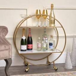 Melody Maison Gold & Marble Round Bar Cart Drinks Trolley