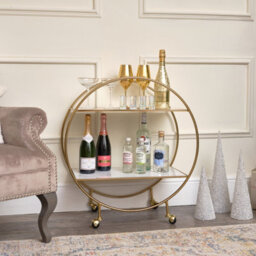 Melody Maison Gold & Marble Round Bar Cart Drinks Trolley - thumbnail 2