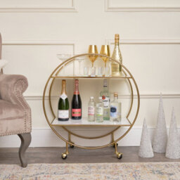 Melody Maison Gold & Marble Round Bar Cart Drinks Trolley - thumbnail 3